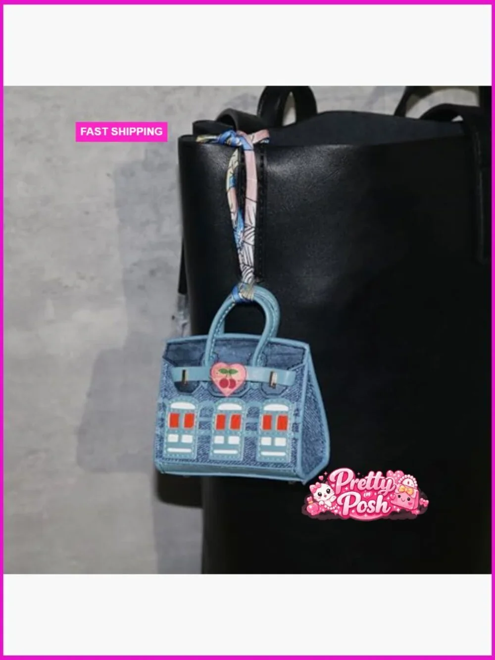 Faux Leather Mini Tote Bag Charms Keychain Pouch Set